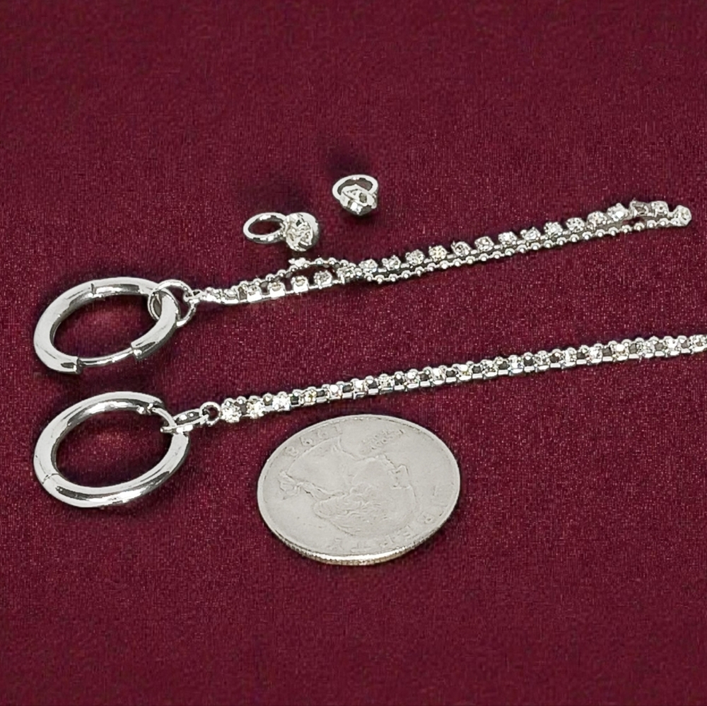 Silver Crystal Huggie Earring Set Rhinestone Chain Fringe Glam Luxe Bling Preppy - Picture 9 of 10